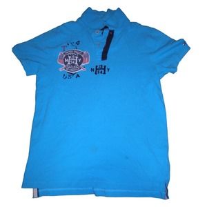 Tommy Hilfiger Med Slim Fit EUC Polo Style Shirt, Distressed Emblem, Blue, SS